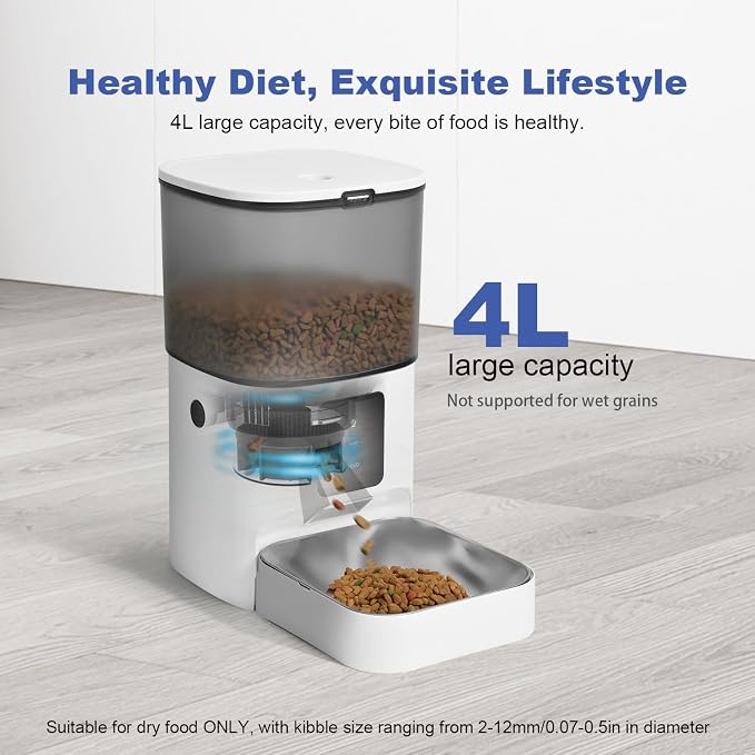 2.4G/5G Automatic Cat Feeder, 4L WiFi Food Dispenser with 10s Voice Recorder, Pet Feeder up to 10 Meals per Day, Timed Cat Feeder with Dry Food Sealed Ring
