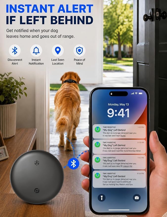 GPS Tracker for Dogs (iOS & Android), Smart Activity Real-Time Tracking | No Subscription Bluetooth Smart Finder Tag Works with Google Find Hub & Apple Find my App, Anti-Lost for Pet Items Black