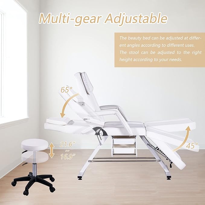 Massage Bed Tattoo Chair Massage Salon with Two Trays,Esthetician Table with Hydraulic Stool,Multi-Purpose 3-Section Facial Bed Table, Adjustable Beauty Barber Spa Beauty Equipment White