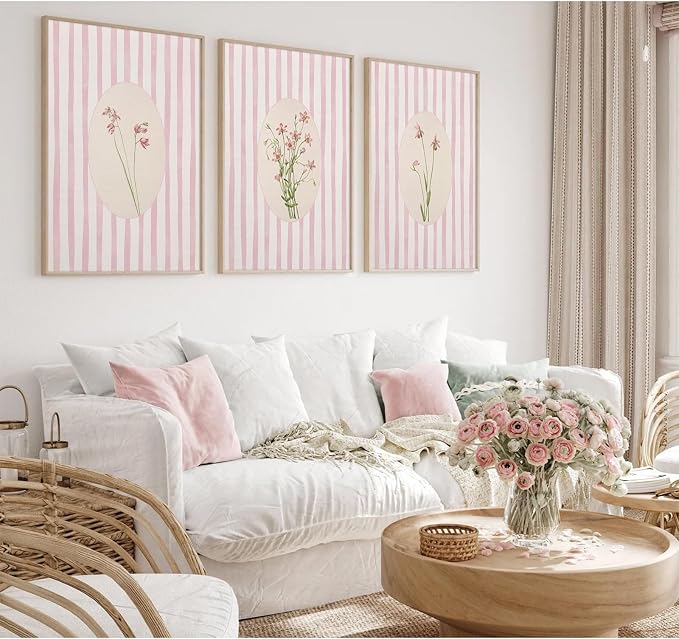 Youillne Pink Flower Wall Art Striped Floral Prints Botanical Canvas Wall Decor Aesthetic Pictures Pastel Pink Floral Poster Minimalist Flower Painting for Girl Room 12x16 Inch Unframed Set of 3