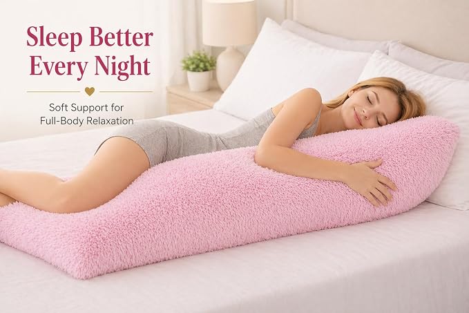 REAFORT Long Hair Faux Fur Body Pillow Cover 21"x54", Hidden Zipper (Pink) | Ultra-soft long hair faux fur with a hidden zipper offers luxurious comfort and is machine washable for easy care.