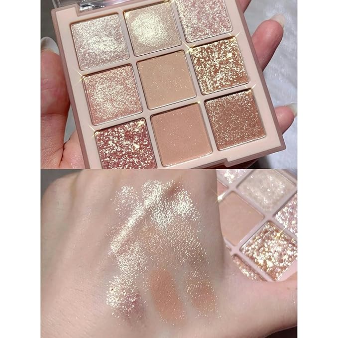 9 Colors Milk Tea Glitter Eyeshadow Palette, Matte Nude Neutral Brown Blendable Shades, Bronzer Champange Gorgeous Pearls Powder Eyeshadow, Sparkling Shimmer Daily Bright Diamond Makeup