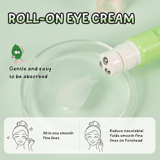 Green Tea Triple-roller Eye Cream, Multi-Effect Under Eye Cream for Smooth Wrinkle & Tighten Skin, Day & Night Moisturizing Eye Cream with Green Tea Extract, Reduce Wrinkles Fine Lines & Bags