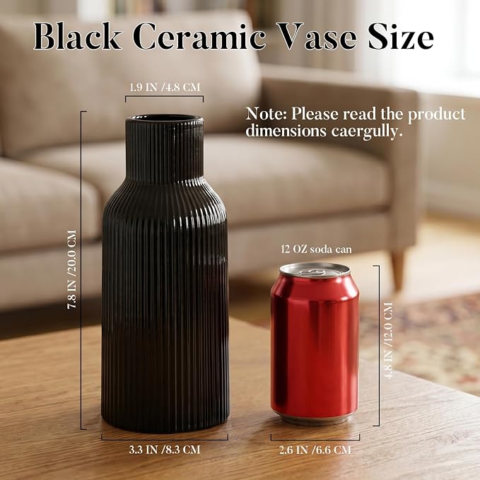 Black Ceramic Tall Vase,Modern Smooth Vertical Ribbed, Nordic Minimalist for Pampas, Dried & Fresh Flowers, Home Decor for Living Room, Coffee Table, Bookshelf, Entryway, Farmhouse