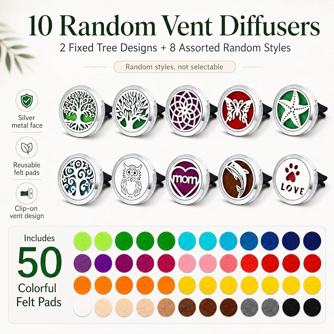 10 Pack Car Vent Essential Oil Diffuser Clips, Silver Metal Car Air Freshener Vent Clips with 50 Colorful Felt Pads Reusable Car Aroma Diffuser for Essential Oils (D)