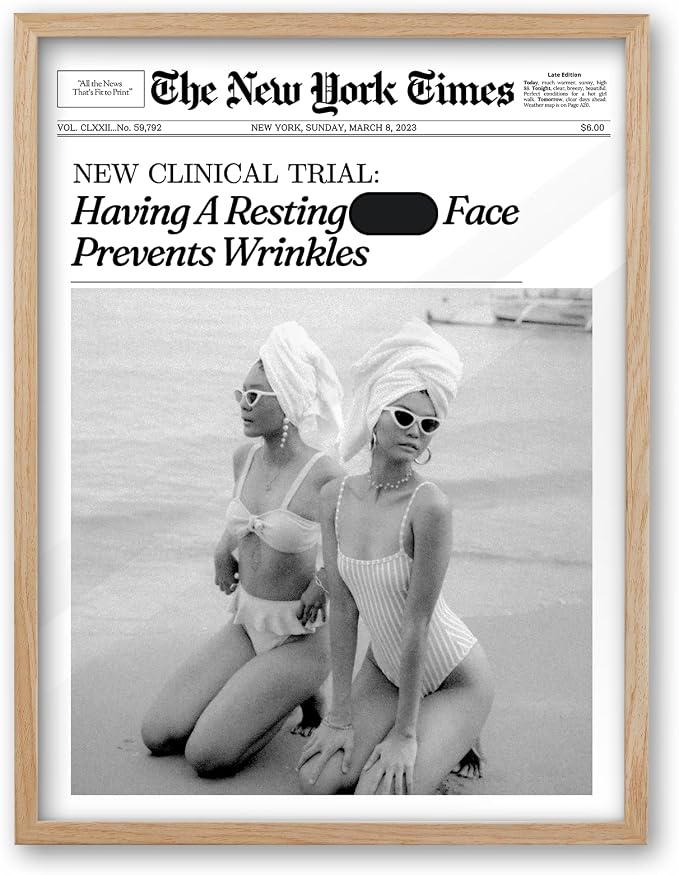 iHery 16x20in Funny Beach Girls Framed Newspaper Wall Art | Natural OAK Wood Frame with Canvas Print, Retro Magazine Decor for Bathroom, Bedroom, Girl Dorm, Living Room 1Pack
