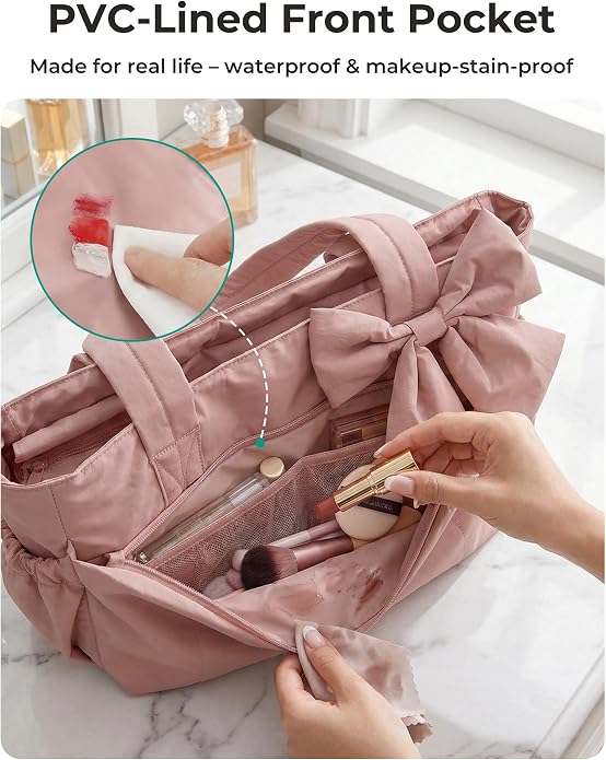 BAGSMART Crush Bow Tote Bag for Women, Puffer Travel Work Yoga Laptop Bag | Large Bow Tote Fits 40oz Tumbler, 15.6" Laptop, Yoga Mat Sleeve, Waterproof Pocket, Travel Work Swim Gym Mom Shoulder Handbag