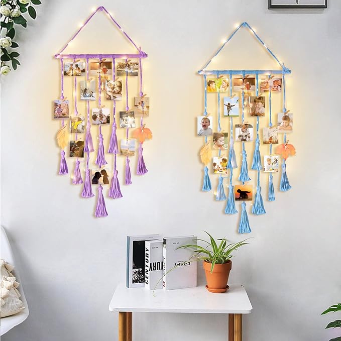 Hanging Photo Display Wall Decor, Blue Macrame Hanging Boho Room Bedroom Decor, Picture Frame Collage with Light & 30 Clips, Christmas Teenage Teen Girl Gifts Ages 10 11 12 13 14 Years Old