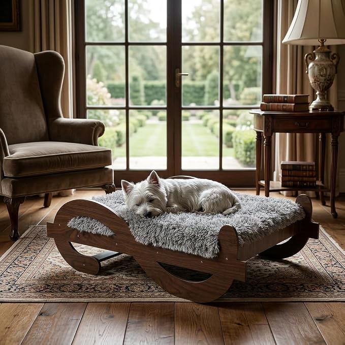 Wooden Elevated Dog Bed with Plush Mattress,M, Up to 60 lb | Raised Dog Bed Furniture with Walnut GrainPattern Frame, Designer Pet Sofa for Indoor Home Decor
