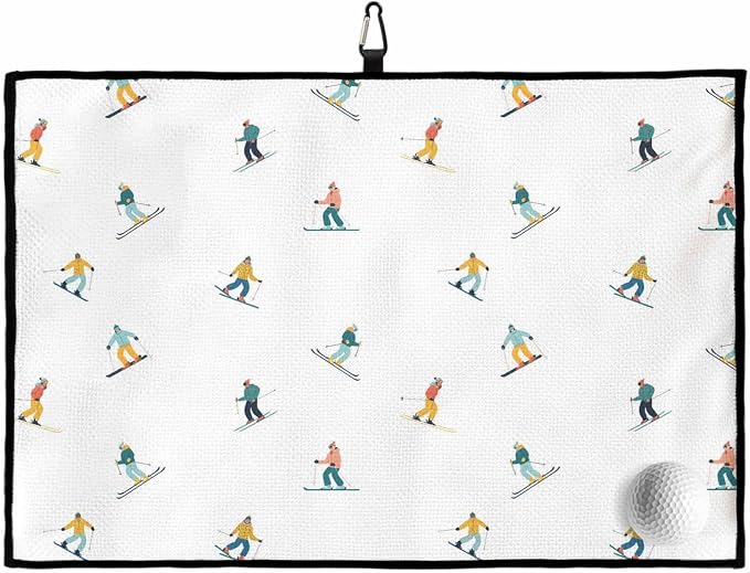 Skiing Golf Towel with Clip, Winter Snow Ski Sports Cartoon Boys Girls Skier Large Microfiber Women Men Sports Work Out Disc Golf Bag Towel for Yoga, Gym, Fitness, Swimming Towels Accessory