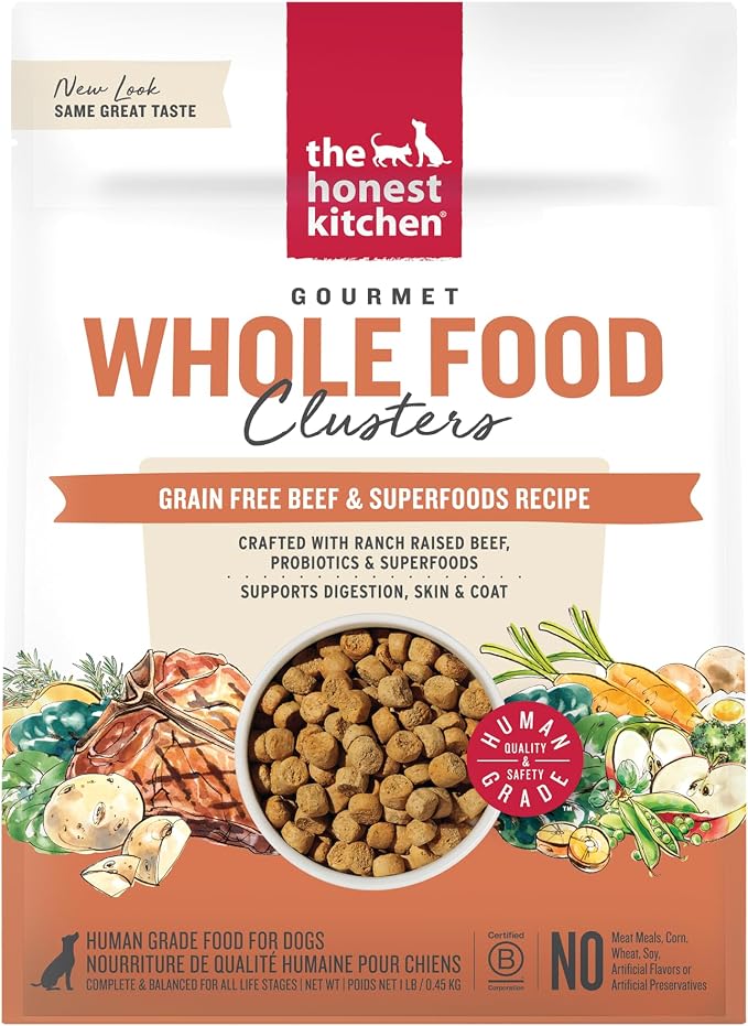 The Honest Kitchen Grain Free Beef & Superfoods Whole Food Clusters, Human Grade Dry Dog Food, Vet-Crafted Nutritional Support for Skin, Coat, Digestion & Overall Wellness, Trial Size, 1 lb Bag