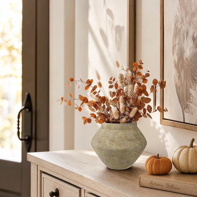 Briful Rustic Ceramic Vase 6'' Decorative Farmhouse Table Vase, Brown | Earthy Weathered Clay Urn Pottery for Shelf Decor, Entryway, Coffee Table Centerpiece, Faux Floral, Living Room Mantle Accent