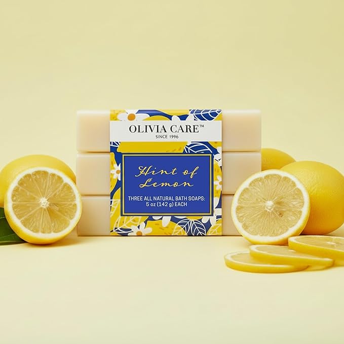 Olivia Care Lemon Bar Soap 3 Pack Natural, Organic - Infused with Citrus Lemon Essential Oil - Clean Energize Mind Body - Moisturize, Hydrate - Makes Skin Soft & Silky - 3 X 5 OZ