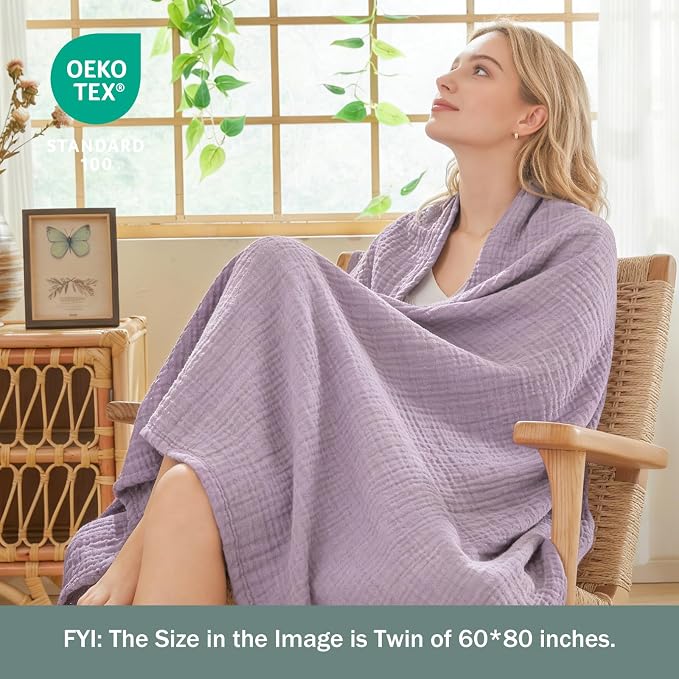 EMME Cotton Muslin King Blanket Bed Layering Bedspread Coverlet Breathable Gauze Soft Lightweight (Heather Lavender, 108"x90")