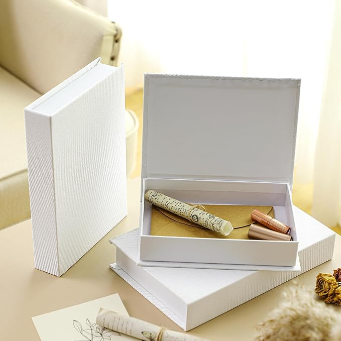 Tioncy 3 Pcs Decor Linen Faux Book Box Set Aesthetic DIY Fake Linen Book Box for Decor Storage Cafe Table Bookshelf Gift Home Keepsake(Multi Sizes,White)