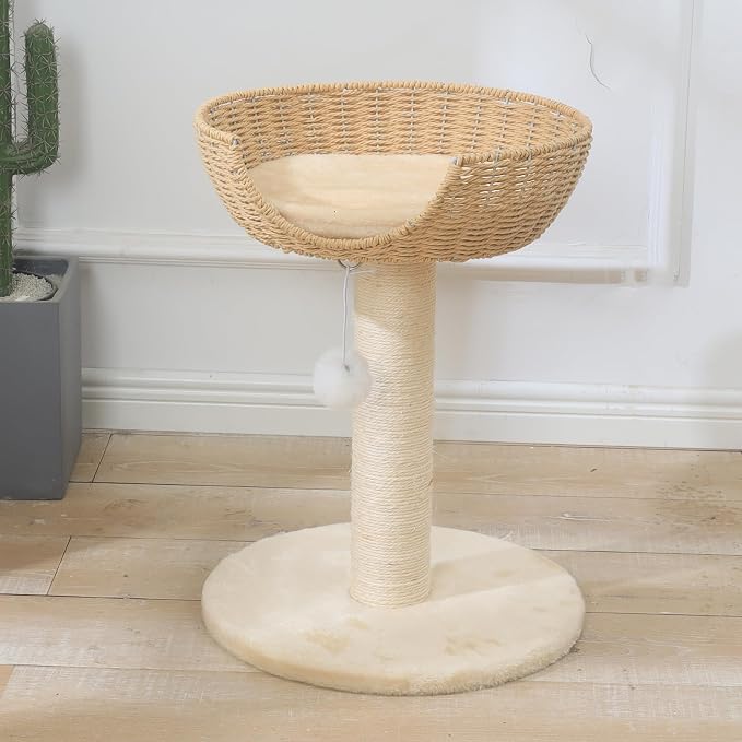 Cat Tree Tower with Rattan Weaving Cat Nests Washable Cushions Sisal Scratching Posts Window Perch for Large Cats up to 20LBS