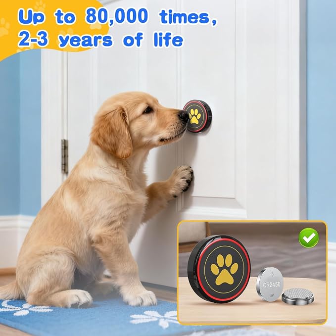 Dog Door Bell for Potty Training, IP55 Waterproof, 55 Ringtones, 0-115dB | Touch-Activated Wireless Dog Bell Helps Puppies Signal Outside, 5 Volume Levels and Waterproof Button for Indoor/Outdoor Use