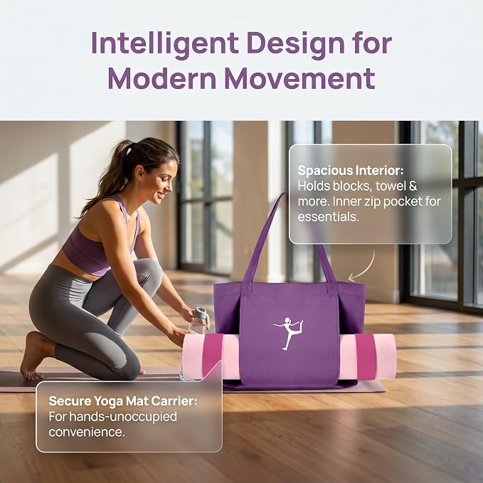 Yoga Bag - Pilates Bag With Mat Holder,for Women Canvas Tote Bag with Yoga Mat Carrier Pocket Large Gym Pilates Bag for Travel Office Beach Workout