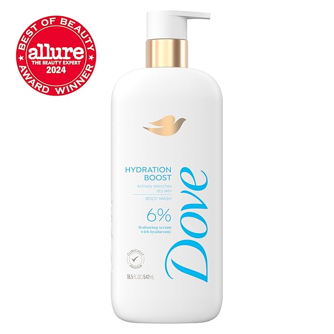 Dove Serum Body Wash Hydration Boost actively drenches dry skin with Hyaluronic Acid Serum 18.5 Fl Oz (Pack of 4)