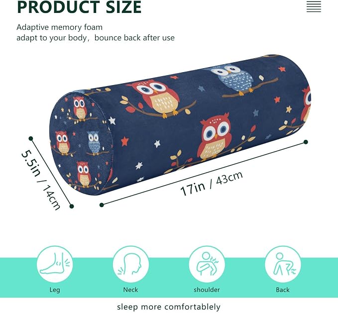 July 4th Owls Branch White Dark Blue Neck Roll Pillow Bolster Round Health Memory Foam Long Cervical Cylinder Pillows with Removable Washable Cover for Body Bed Legs Back Yoga