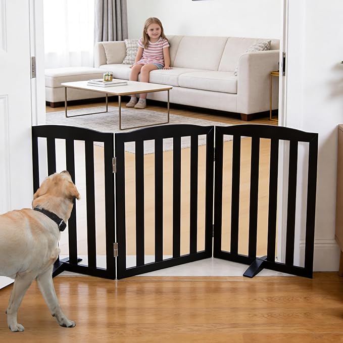 ZJSF Foldable Freestanding Indoor Dog Gate for House Wood Long Pet Gates Dog Fence for Stairs Puppy Gates for Hallways, Puppy Gate,Support Feet Included, Black, 24 "Height-3 Panels