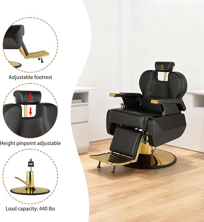 Salon Chair Barber Chair Hydraulic Recline Barber Chairs Hair Chair for Barbershop Hair Salon Equipment Styling Chair with Heavy Duty Hydraulic Pump Black Gold