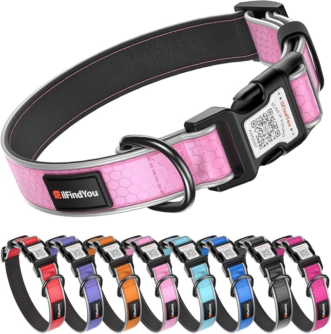 Personalized Dog Collar with QR Code Dog Tag, Oxford Pink M | Anti-lost, Oxford, reflective, padded, XS-L(8"-24"), QR buckle shares lost pet profile, location alerts when scanned, No Fees
