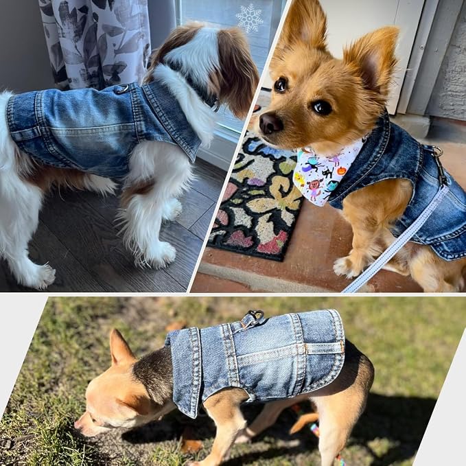 Dog Jean Jacket,Blue Denim Vest for Small Pet,Cute Clothes with D-Ring | Soft Washed Cotton Denim Costume,Cool Apparel Dress Shirt for Puppy,Classic Coat Outfit for Small Dogs Cats Boy Girl