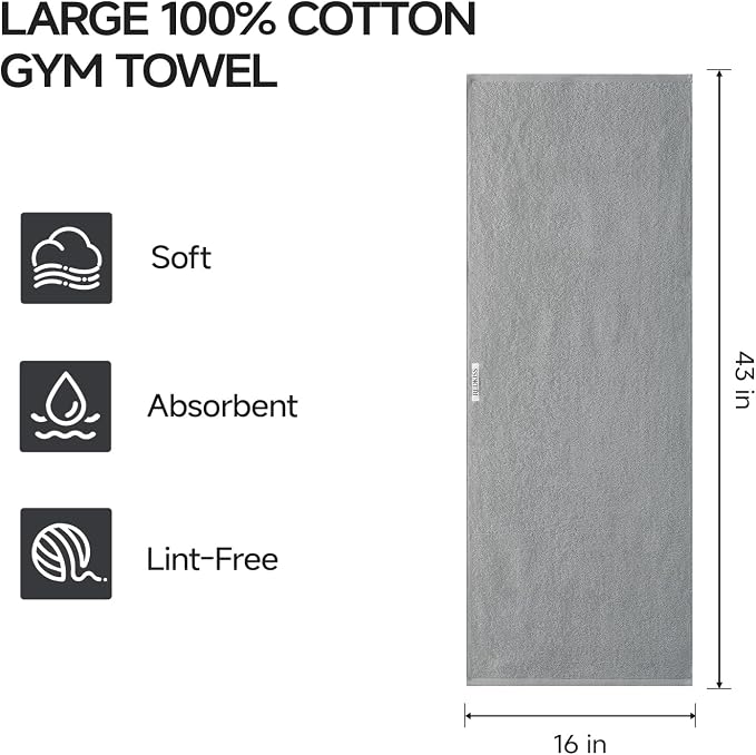 REDKISS 2 Pack Cotton Workout Towels, 43" x 16" Super Absorbent Soft Gym Towels for Men & Women, Large Sweat Sports Towel for Yoga Running Swimming Travel Camping - Light Gray
