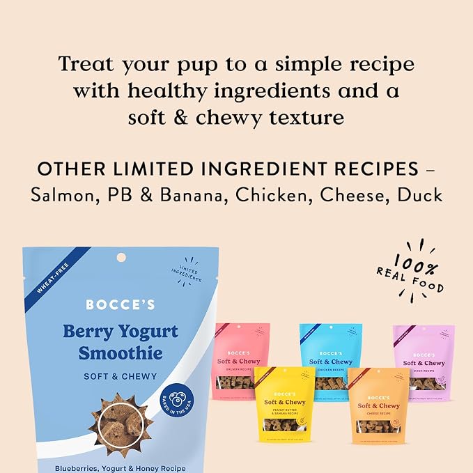 Bocce's Bakery Berry Yogurt Smoothie Flavor Soft & Chewy Dog Treats, 6 oz | Oven Baked, Wheat-Free Everyday Dog Treat Cookies - Made with Real, Limited Ingredients and Baked in The USA