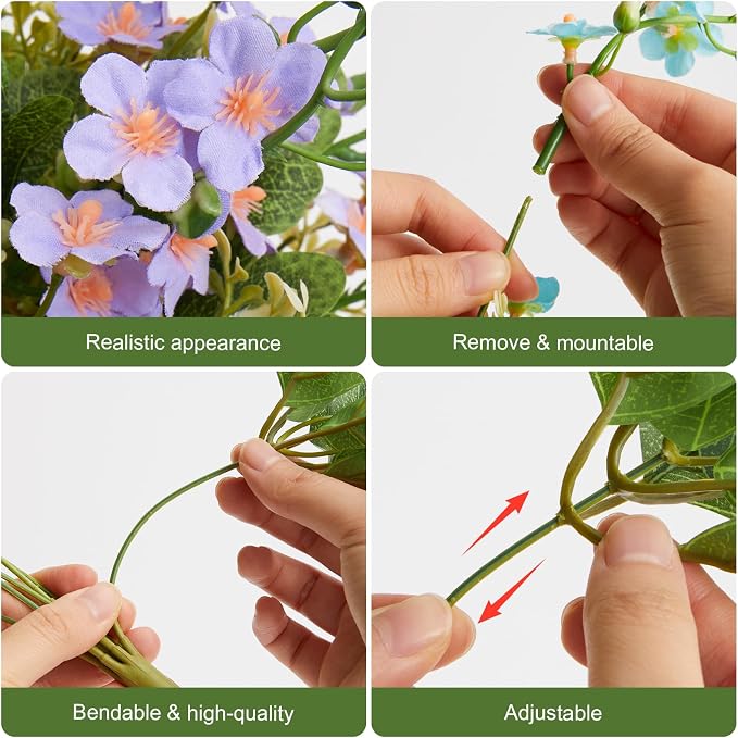 RM ROOMERS Artificial Flowers Plants for Outdoors, Fake Flowers Blue&Purple | Forget-me-not UV Resistant Faux Flower for Garden Porch Windowbox Front Door Yard Table, No Fade Home Vase Decor (4 Bundles)