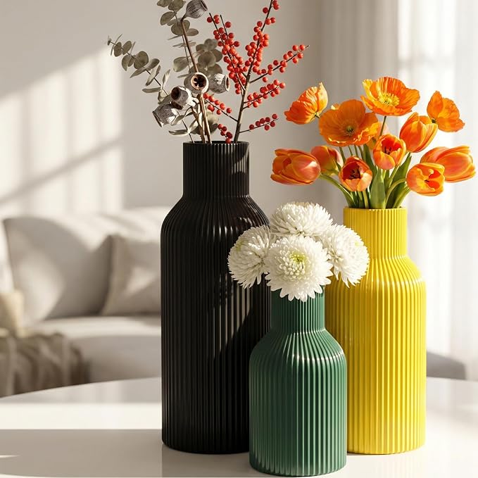 Colorful Ceramic Vases Set of 3,Smooth Vertical Ribbed, Minimalist for Pampas Dried & Fresh Flowers, Centerpiece for Living Room, Shelf, Entryway, Wedding (Black, Deep Green,Yellow)