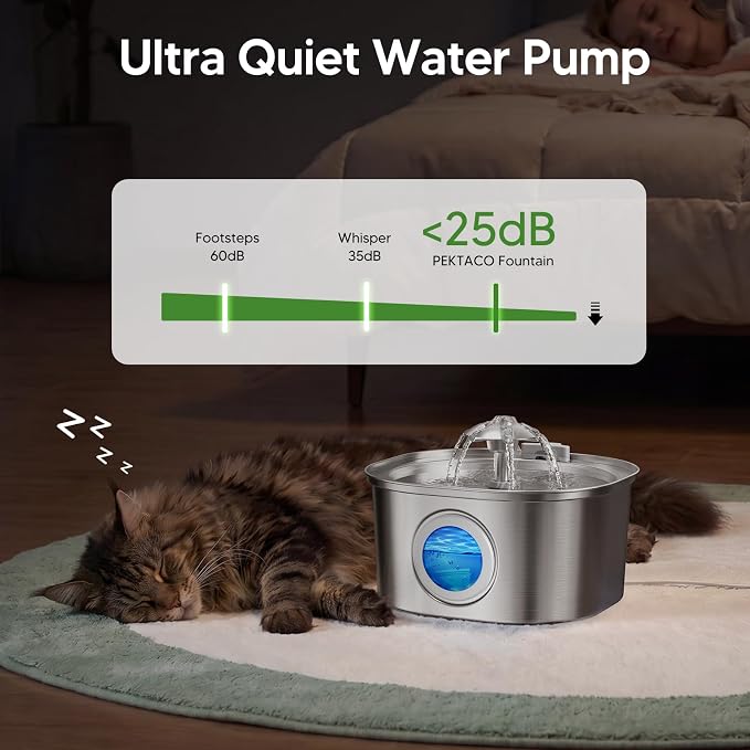 PEKTACO Cat Water Fountain, 3.2L Stainless Steel Pet Fountain, 6 Filters | 108oz capacity, LED water level window, ultra-quiet pump, dishwasher-safe tray, BPA-free, for cats and small dogs