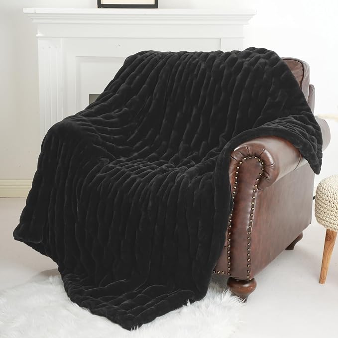 BATTILO Soft Black Faux Fur Throw Blanket for Couch, 50"x60", Double Side | Black Throw Blanket, Minky Couture Blanket, Cozy Warm Fluffy Faux Fur Blanket For Bed, Sofa Living Room