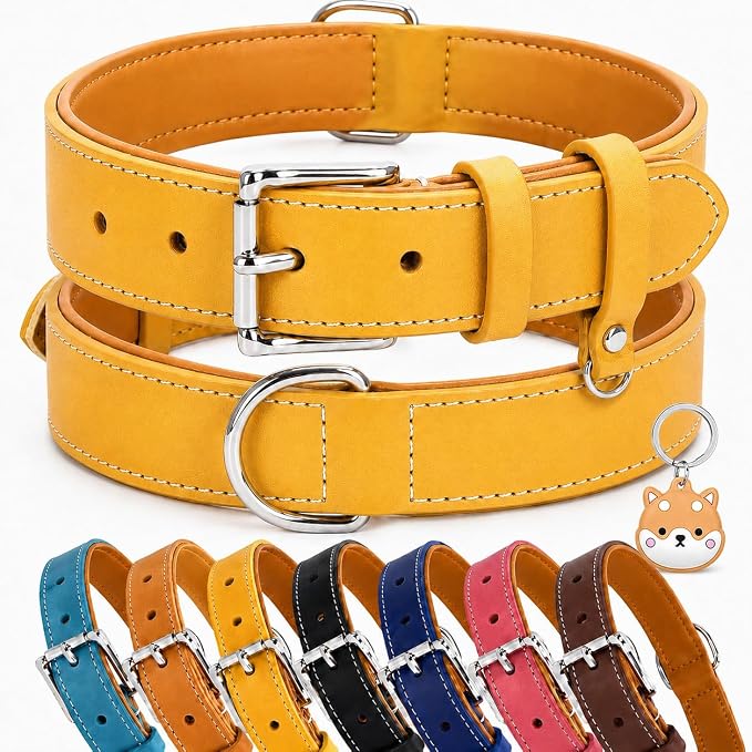 Genuine Leather Dog Collar, Soft Padded Leather Dog Collars with Airtag Holder Case for Small Medium Large X-Large Dogs,Comfort Heavy Duty Pet Collar with Durable Metal Buckle & D-Ring-Light Yellow/XL