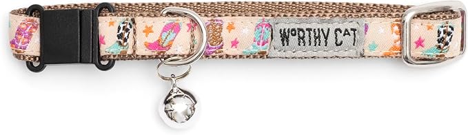 THE WORTHY DOG Icons Pattern, Breakaway Cat Collar, with Bell, Tan