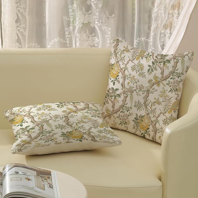 Yellow Green Floral Bird Pillow Covers 18x18 Set of 2 Chinoiserie Throw Pillows Vintage Flowers Bird Decorative Pillow Cases Outdoor Chinoiserie Decor Farmhouse Cushion Case for Couch Sofa