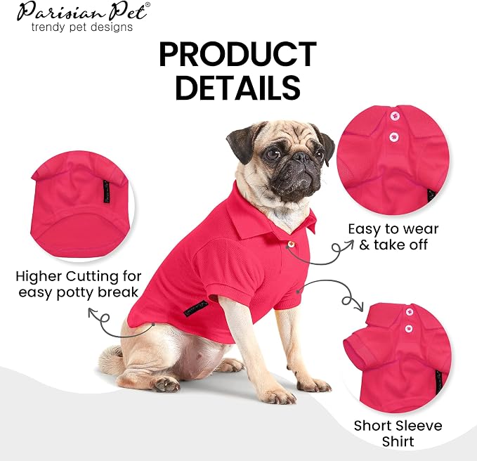 Parisian Pet Dog Polo Shirt – Classic Pink Cotton Pet Apparel with Collar & Buttons - Soft Breathable Puppy T-Shirt - Cute Dog Clothes - Ideal Summer Clothes for Medium Dogs - Shirts for Dogs Girl