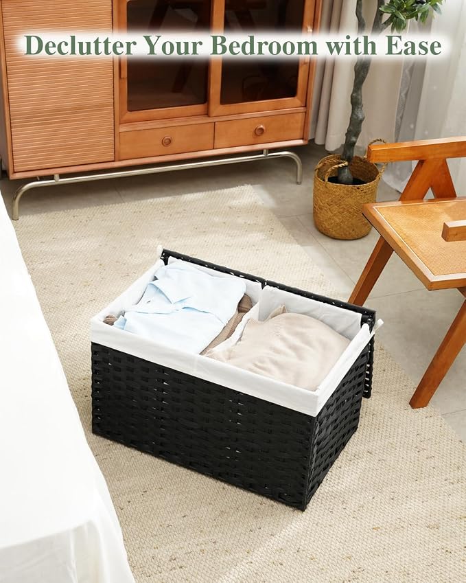 SETVSON Storage Basket with Lid PE Rattan Storage Basket 105L, Black | 27.8 Gallon Storage Bin with 2 Separate Lids, 2 Removable Liners for Clothes & Blankets, Sturdy Metal Frame, PE Rattan