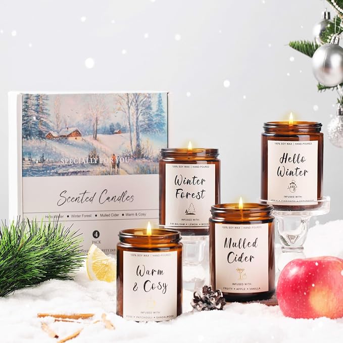 Scented Candle Gift Set for Women – 4 Pack Soy Candles Non Toxic | Scented Candles with Apple Cinnamon, Fir Balsam, Mulled Cider, Sandalwood – Holiday Candles Gift for Home Décor & Cozy Nights
