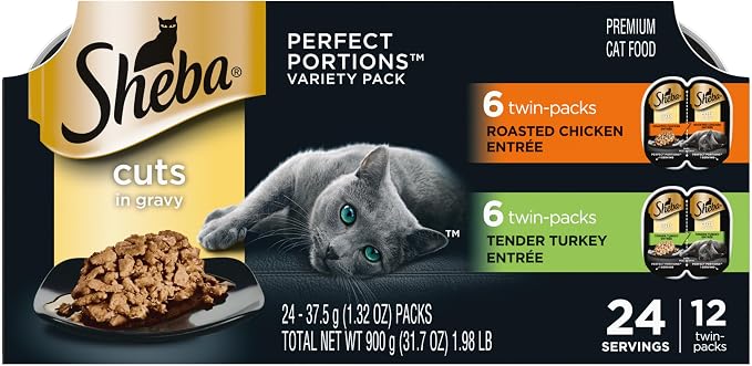 Sheba Perfect Portions Cuts Wet Cat Food, Chicken & Turkey, 2.6 oz, 12 ct | Grain-free, Roasted Chicken & Tender Turkey, adult cat food, protein-rich, no fillers or artificial flavors, twin-pack trays