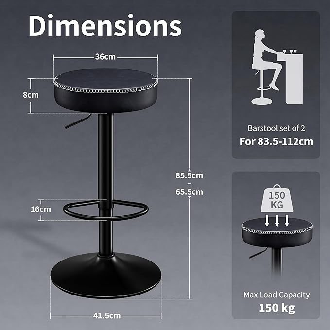 Swivel Bar Stools Set of 2 Black Microfiber Leather Counter Height Bar Stools with Round Seat Adjustable Backless Barstools Modern Tall Bar Chairs for Kitchen Island (24-33 Inch,330lbs)