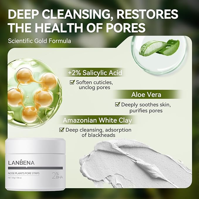 LANBENA 2 PCS Pore Strips, 2% BHA(Salicylic Acid) Nose Pore Strips 2.0 + Bamboo Charcoal Blackheads Remover Peel off Mask 3.0, Plants Pore Cleanser Purifying, added Amazonian White Clay, Oil Control