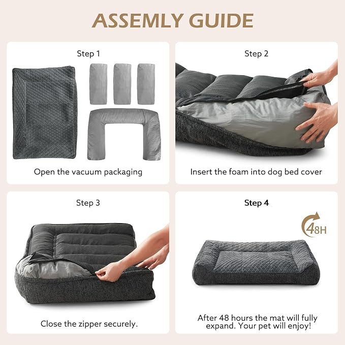 JOEJOY Extra Large Orthopedic Dog Beds Large Sized Dog, Extra Thick Foam Pet Bed Sofa with Bolster Sides, Large Sized Dog Bed with Removable Washable Cover, Non-Slip Bottom, Grey, 48''x35''