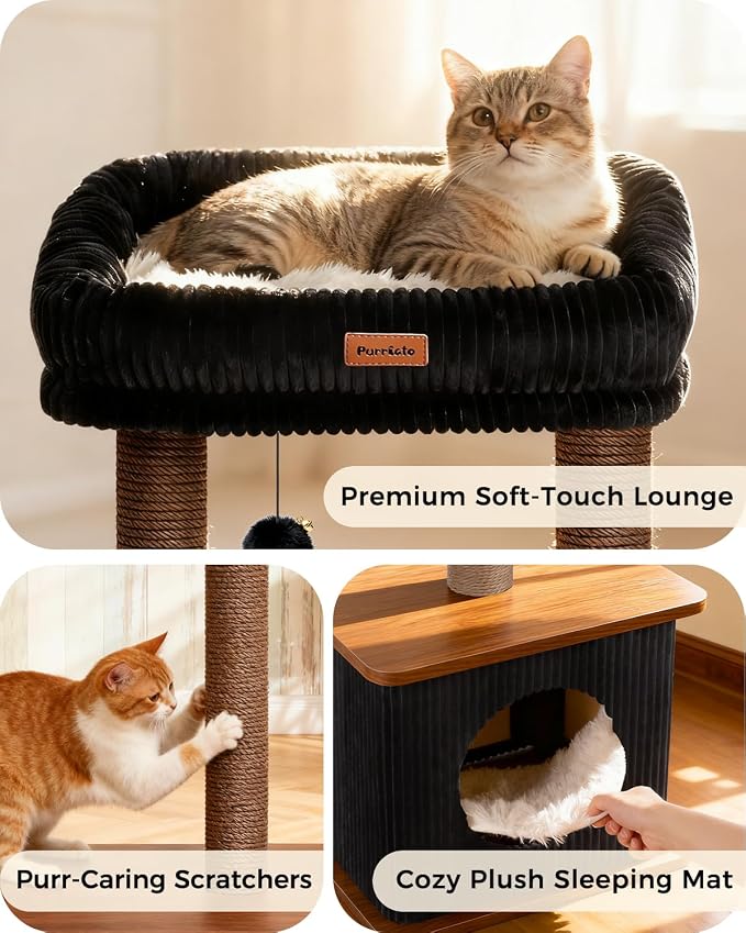 Small Cat Tree for Indoor Kittens, 30" Compact Modern Cat Tower | Natural Bamboo Cozy Condo, Soft Padded Perch, Sisal Scratching Post, Dangling Ball Toy, Stable Base, for Cats up to 15 lbs