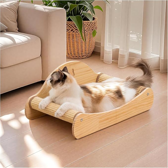 Avont Sisal Cat Scratcher Bed for Indoor Cats, Solid Wood Scratching Lounge | No-Mess Horizontal Scratcher -Large