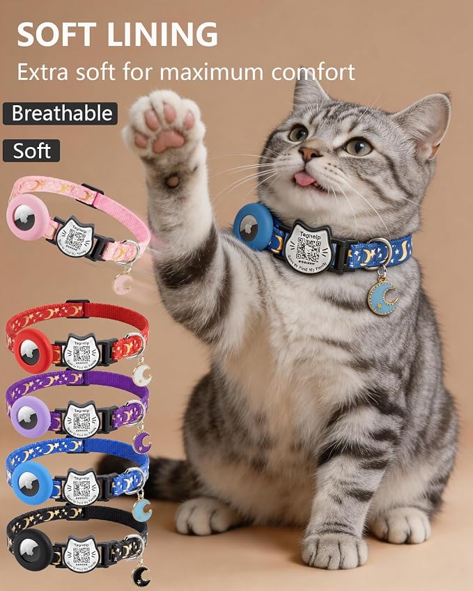 QR Code Cat Collar with Built-in AirTag Holder & Bell, Smart Pet ID with Online Profile, GPS Tracking Breakaway Collar for Cats & Puppies, Adjustable 7.5–12.5”, Blue