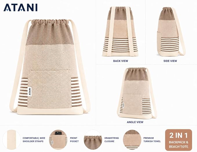 ATANI Turkish Beach Towel (71x39 Inches), Converts to a Bag, Oversized 100% Cotton Bath Towels Lightweight Quick-Dry Beach Blanket for Travel, Picnic, Camping, Yoga and Pool (Brown)