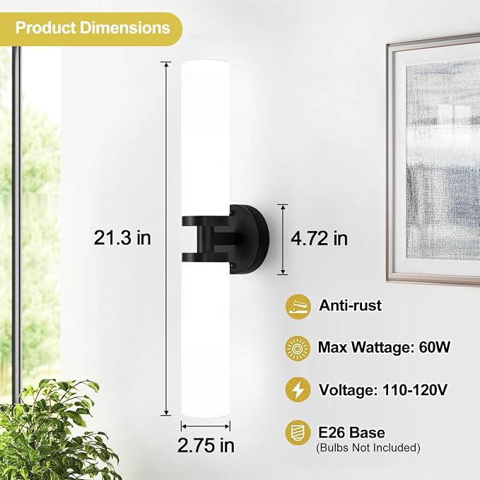 Wall Sconces Set of Two, Matte Black Bathroom Sconces Wall Lighting with Milky White Glass, Hardwired Modern Sconces Wall Decor Set of 2 Bathroom Light Fixtures for Mirror Living Room Hallway Bedroom