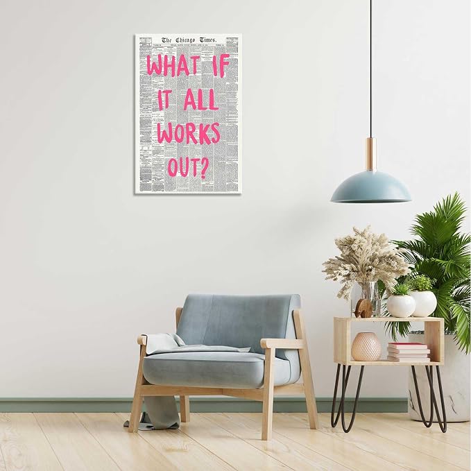 Drimiler What If It All Works Out Poster Retro Newspaper Pink Font Canvas Wall Art Positive Affirming Quote Minimalist Prints Painting For Home Bedroom Dorm Wall Decor 8x12in Wframed